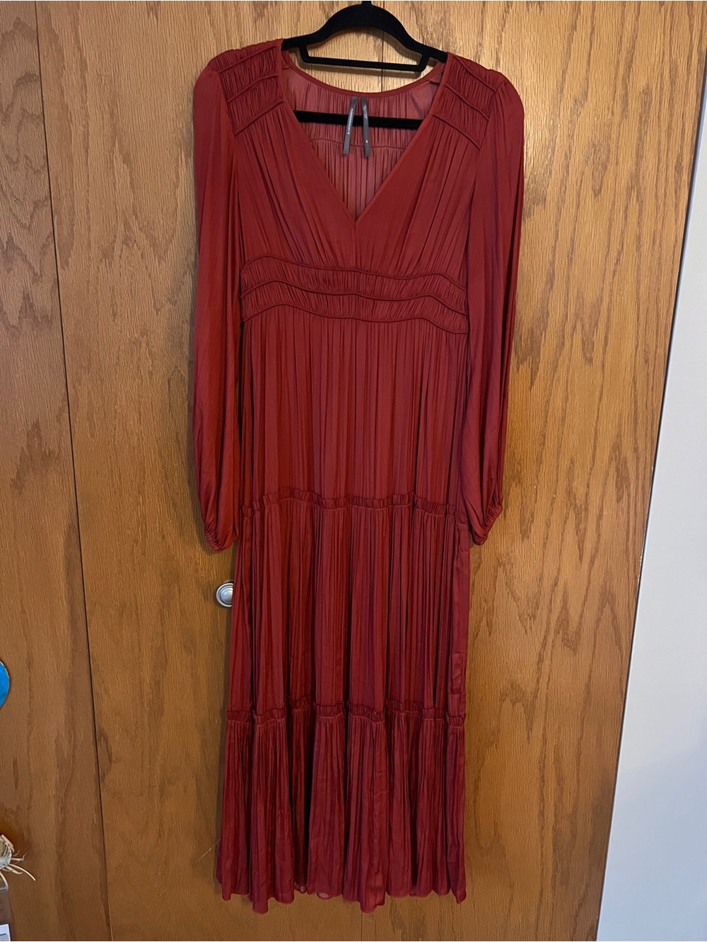 Anthropologie XS Maxi Dress, rust/brick red, long sleeve, v neck